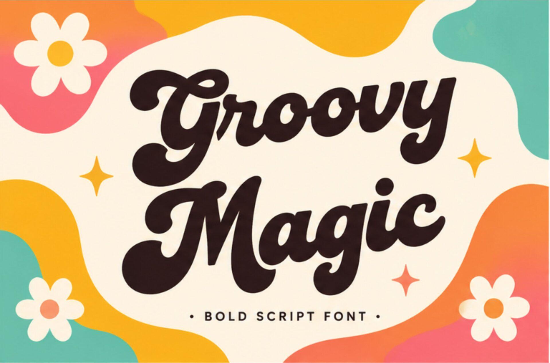 Groovy Magic Font by Kernova Fonts, bold retro script in dark brown