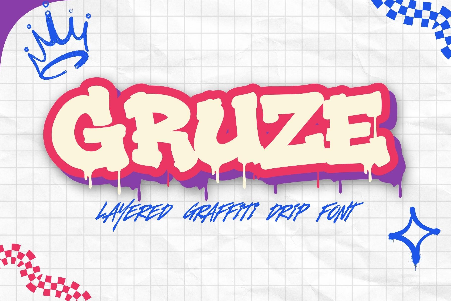 Gruze Font by sipanji figuree, cream graffiti drip capitals with a pink outline and purple shadow