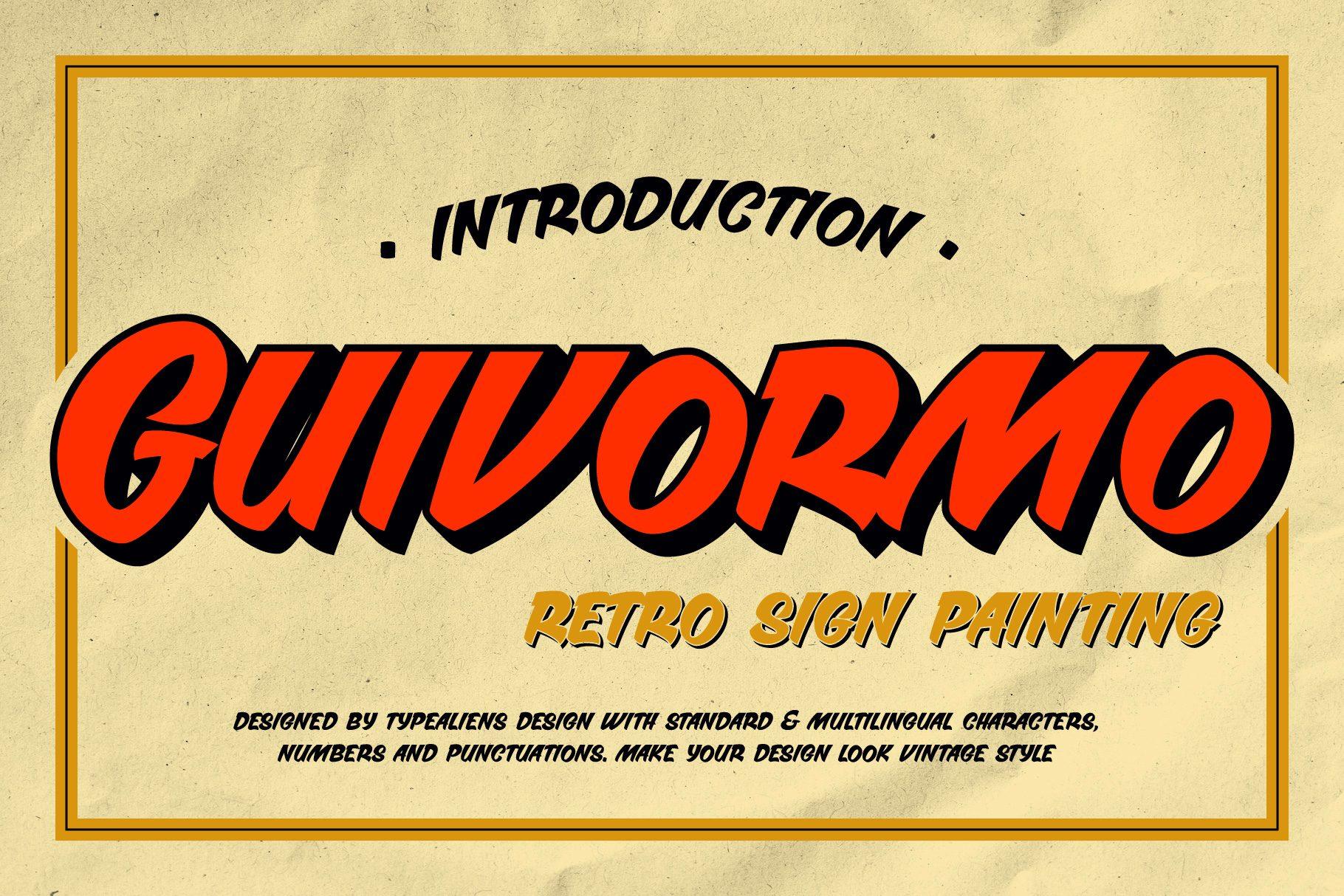 Guivormo Font by typealiens, red-orange outlined slanted capitals with a 3D shadow on yellow paper preview