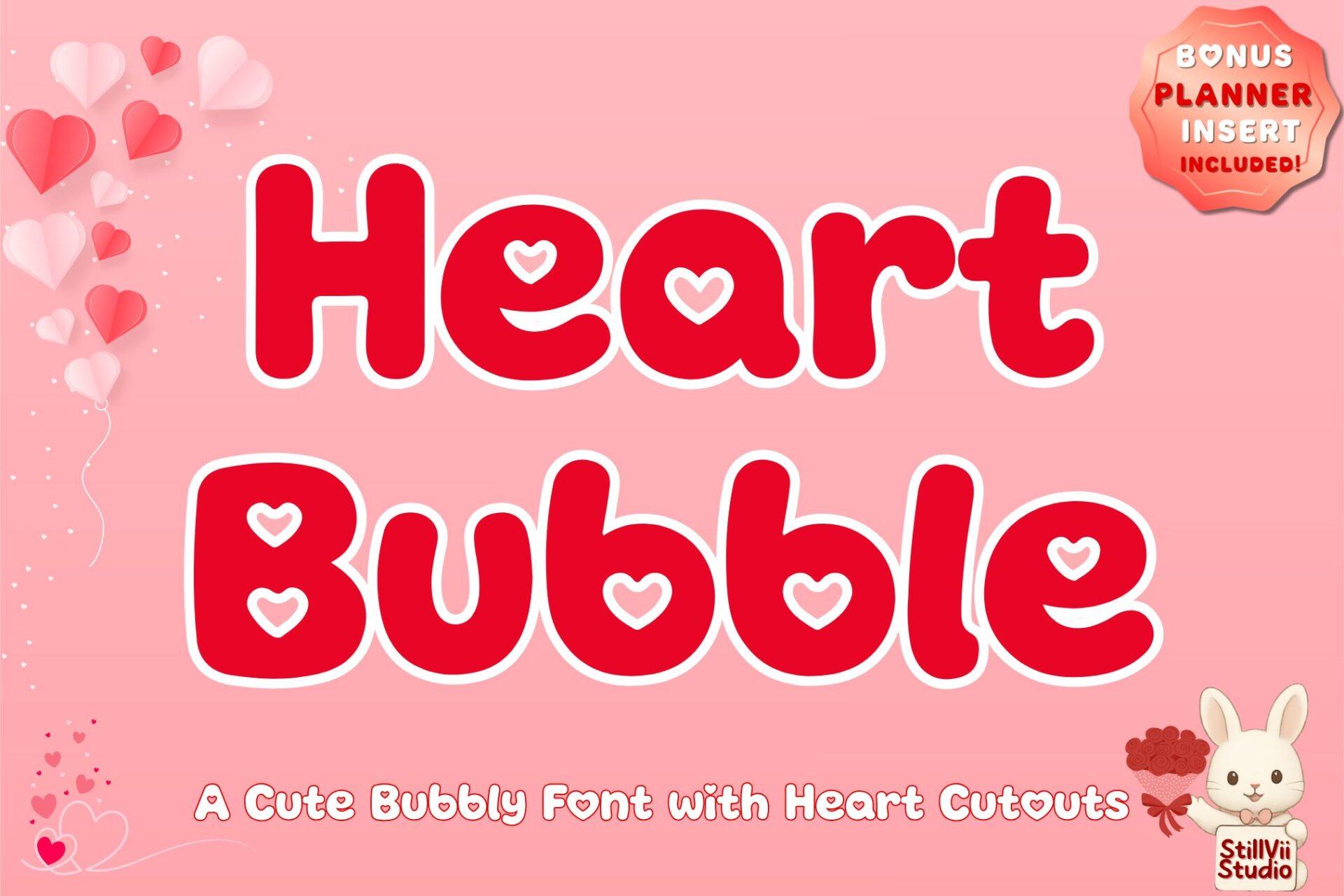 Heart Bubble Font by StillViiStudio, red bubbly letters with heart-shaped cutouts on a pink background