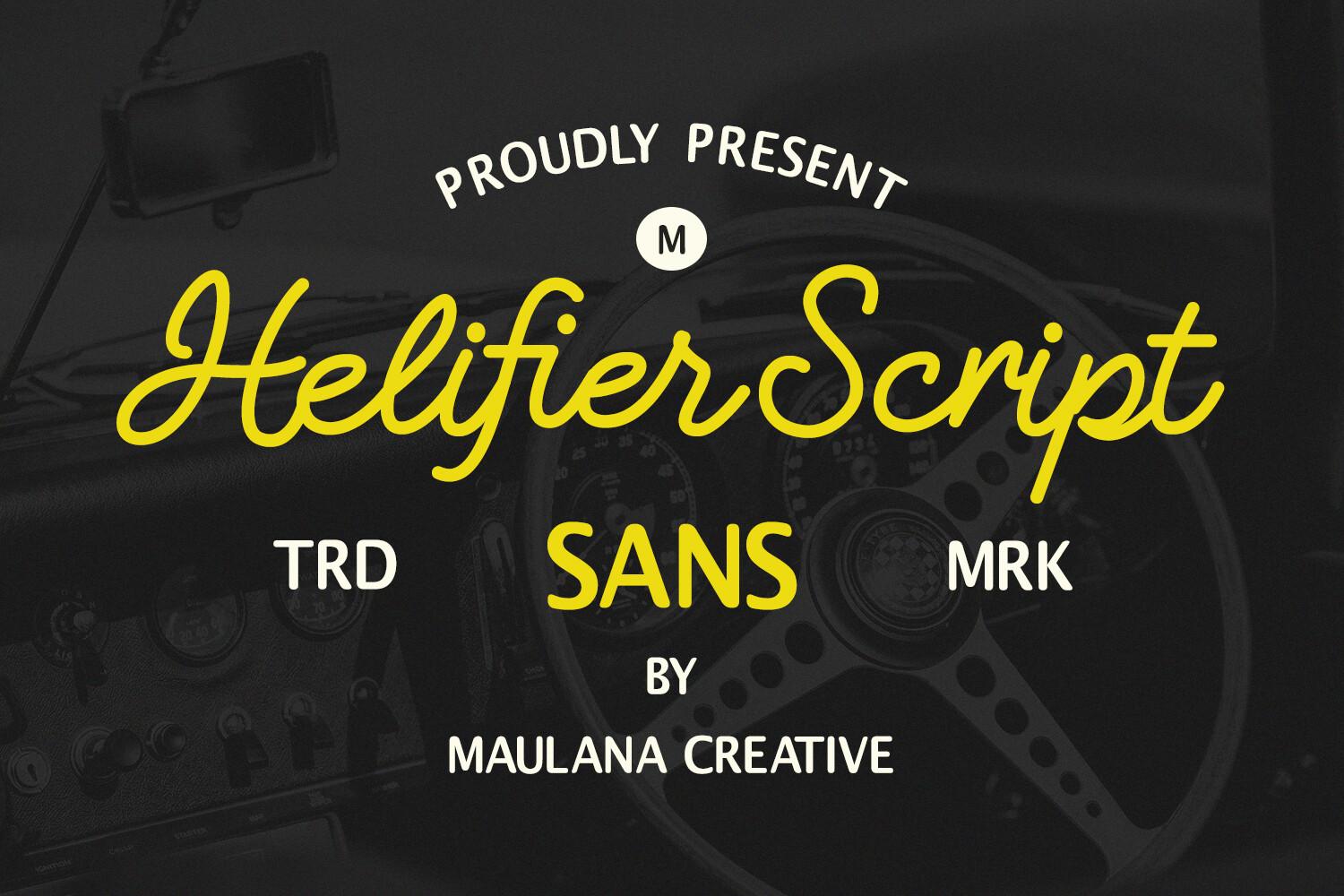 Helifier Font by Maulana Creative, yellow retro script over a car dashboard font pairing preview