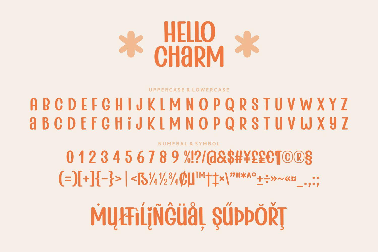 Hello Charm Font by Darman (7NTypes) alphabet, condensed playful letters in orange with symbols