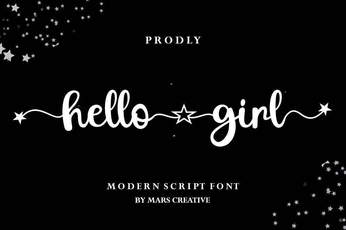 Hello Girl Font by Mars Creative, rounded script with long wavy tail font preview