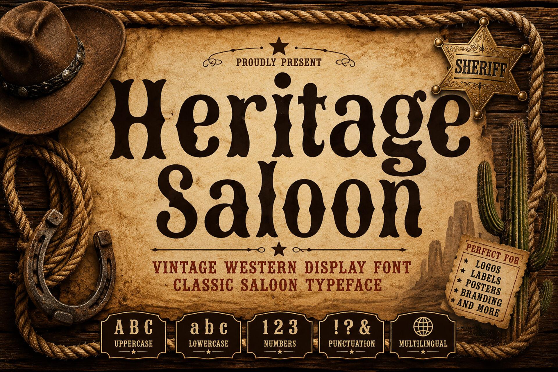Heritage Saloon Font by Bundle, black flared mixed-case letters on aged paper framed by rope and a sheriff badge preview