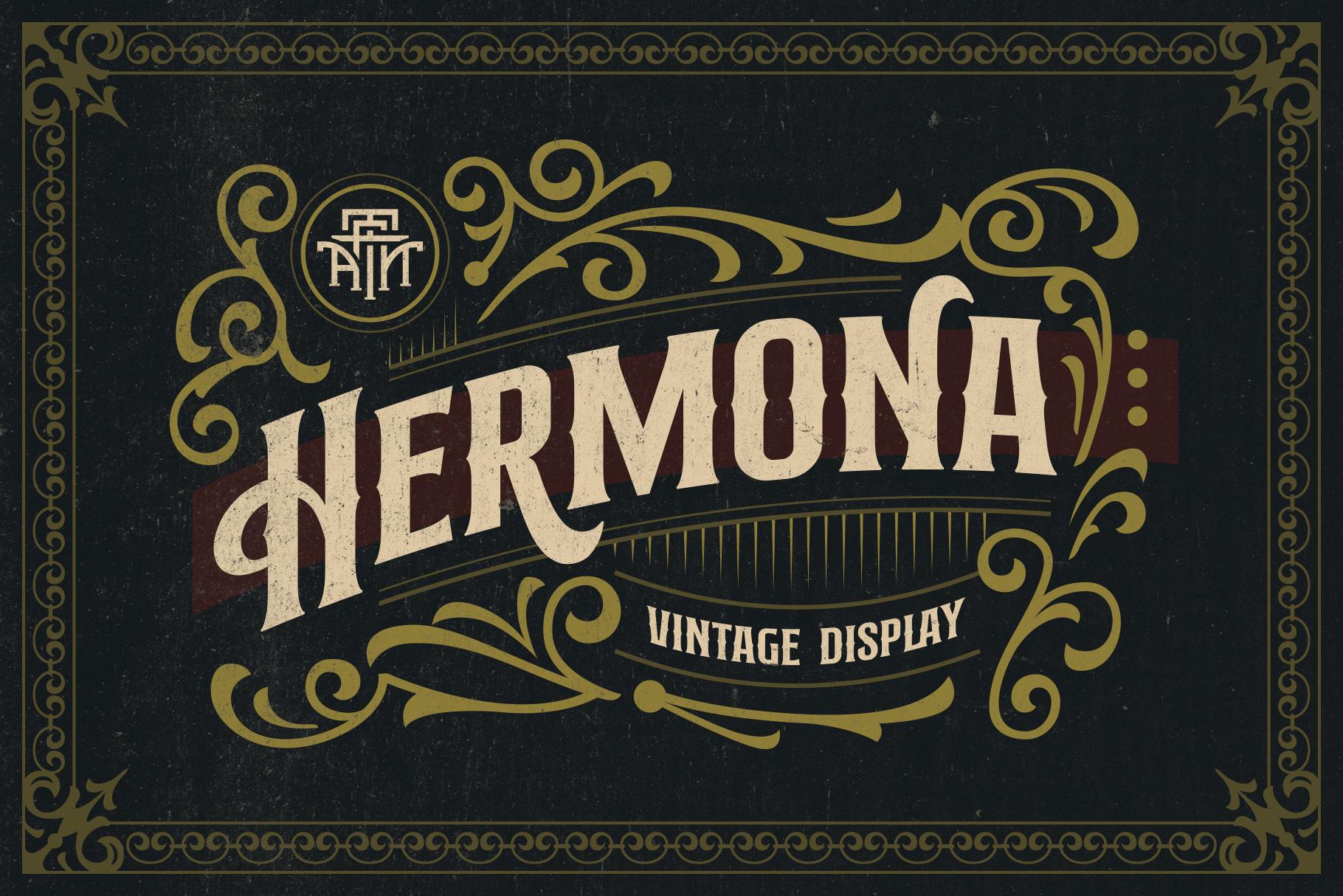 Hermona Font by Arterfak Project, tan and gold flared capitals on a dark navy preview with a gold ornamental frame