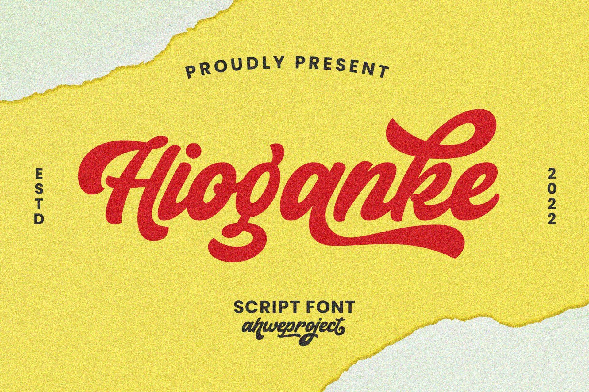 Hioganke Font by ahweproject, red bold retro script with tails