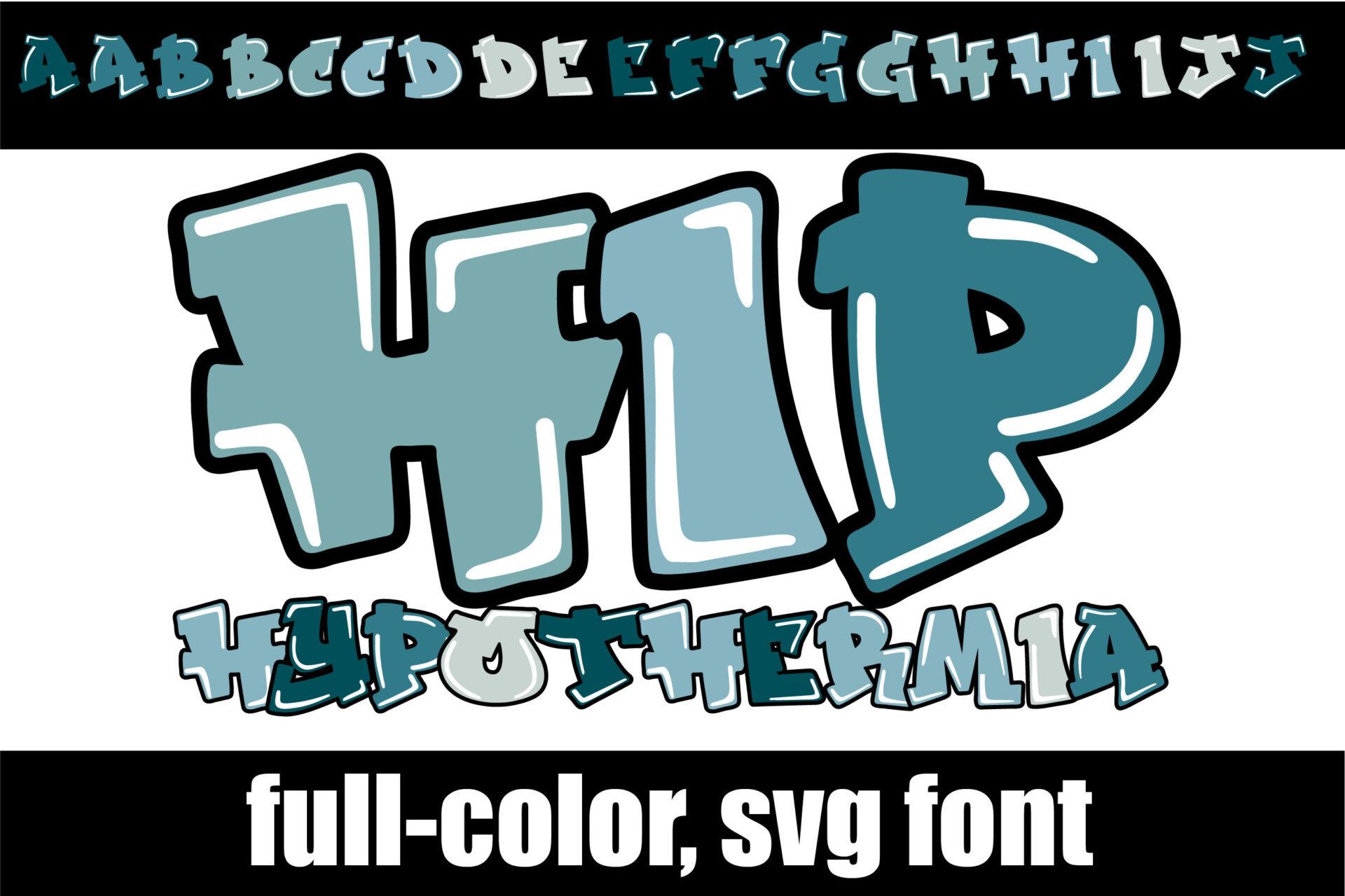 Hip Hypothermia Font by Illustration Ink, wide chunky teal graffiti letters with thick dark outlines