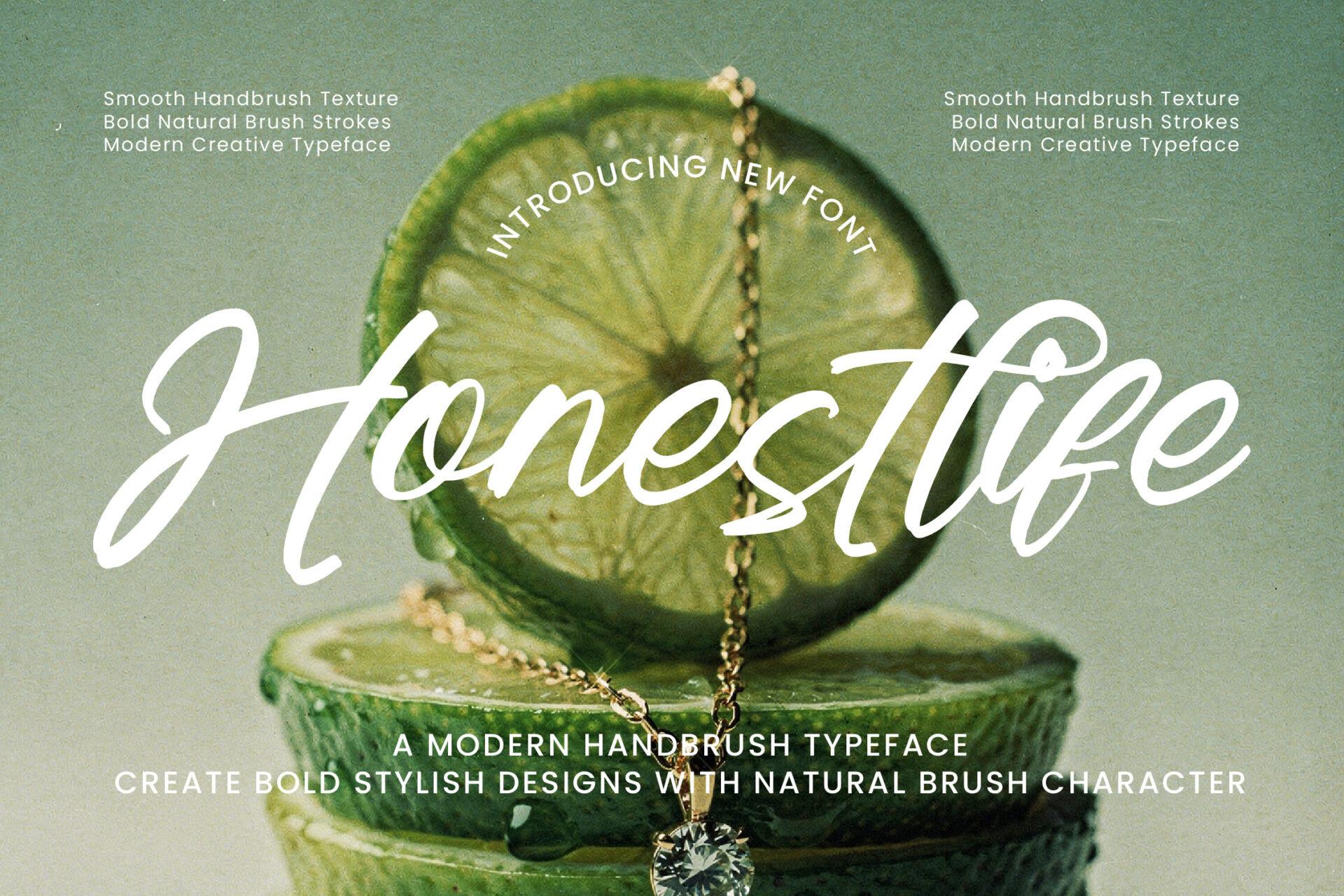 Honestlife Font by Operatype.Co, smooth handbrush script in white on green