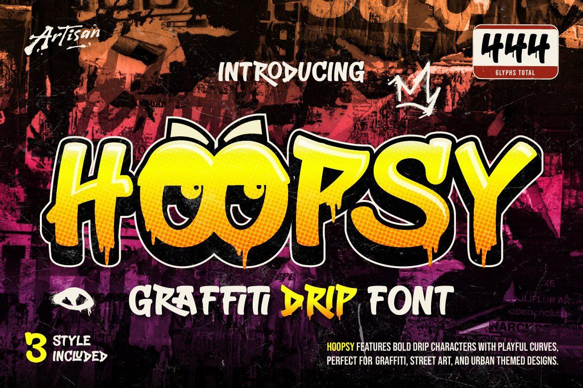 Hoopsy Font by Artisan Themes, yellow and orange dripping graffiti letters with a crown font preview