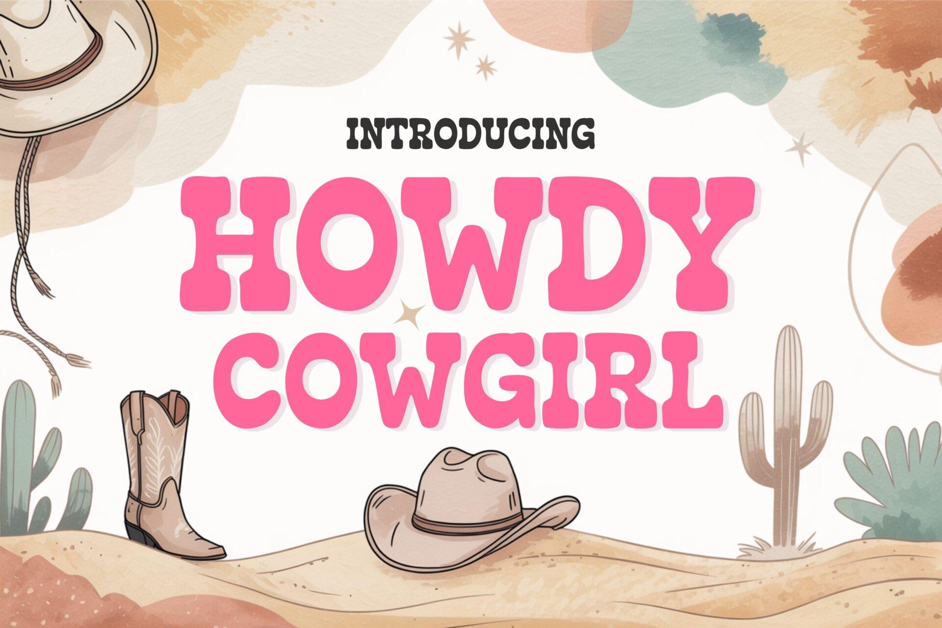 Howdy Cowgirl Font by TonisArtStudio, bright pink rounded western capitals over a pastel watercolor desert preview