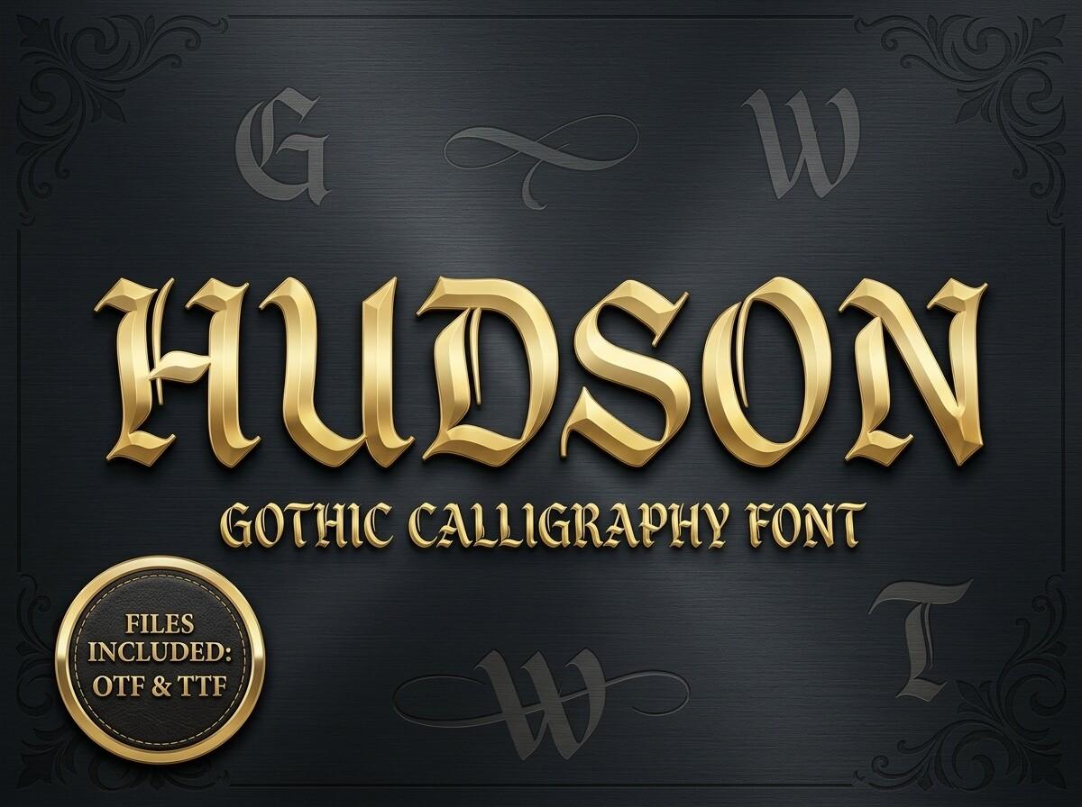Hudson Font by Raholco, gold metallic gothic calligraphy capitals, tattoo font preview