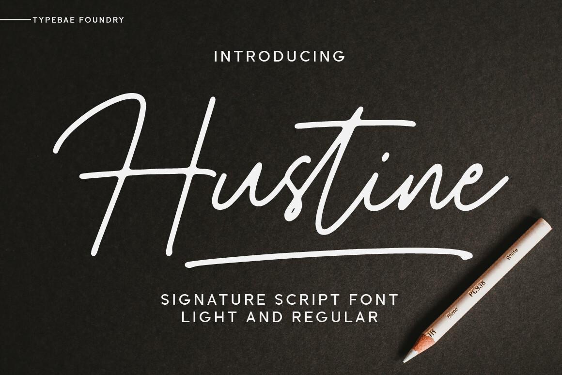 Hustine Font by Typebae, signature script with a tall H and a swash underline, light and regular weights