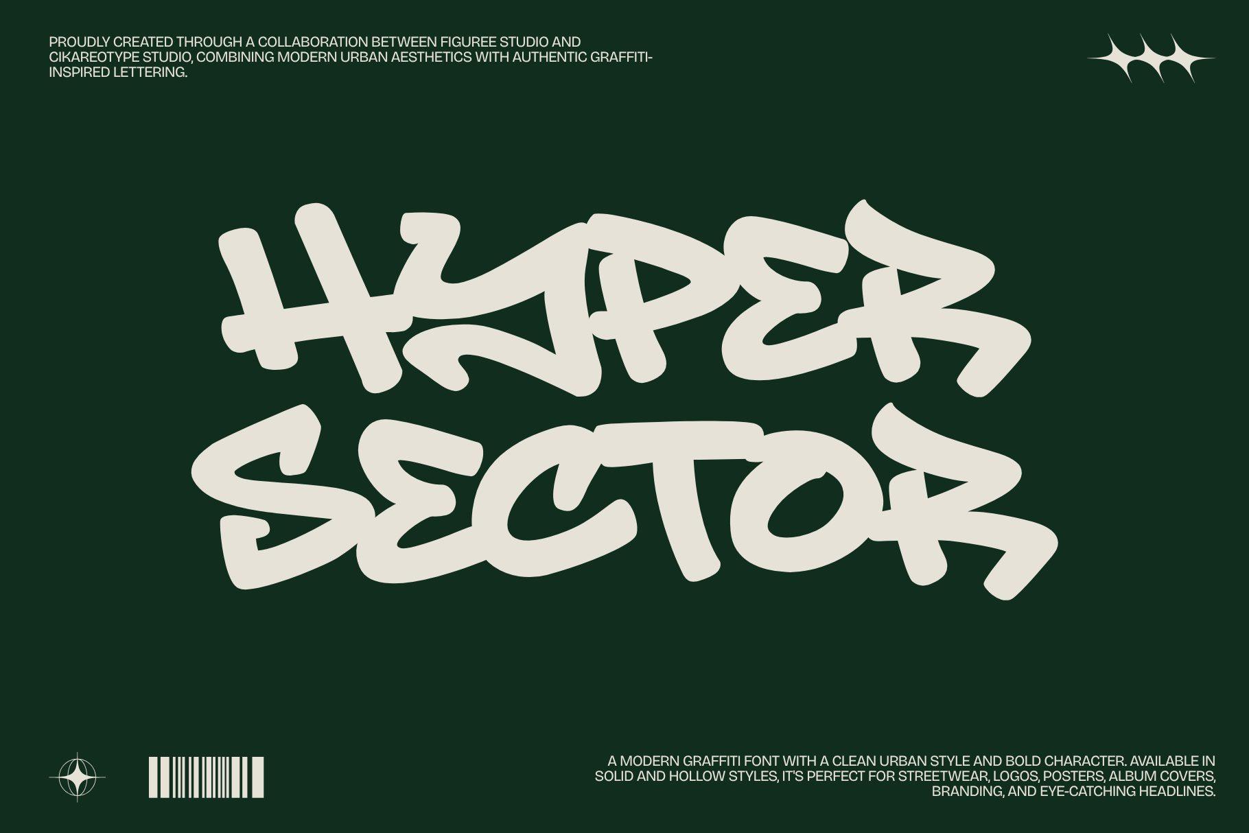 Hyper Sector Font by sipanji figuree, wide cream marker-style graffiti capitals on a dark green background