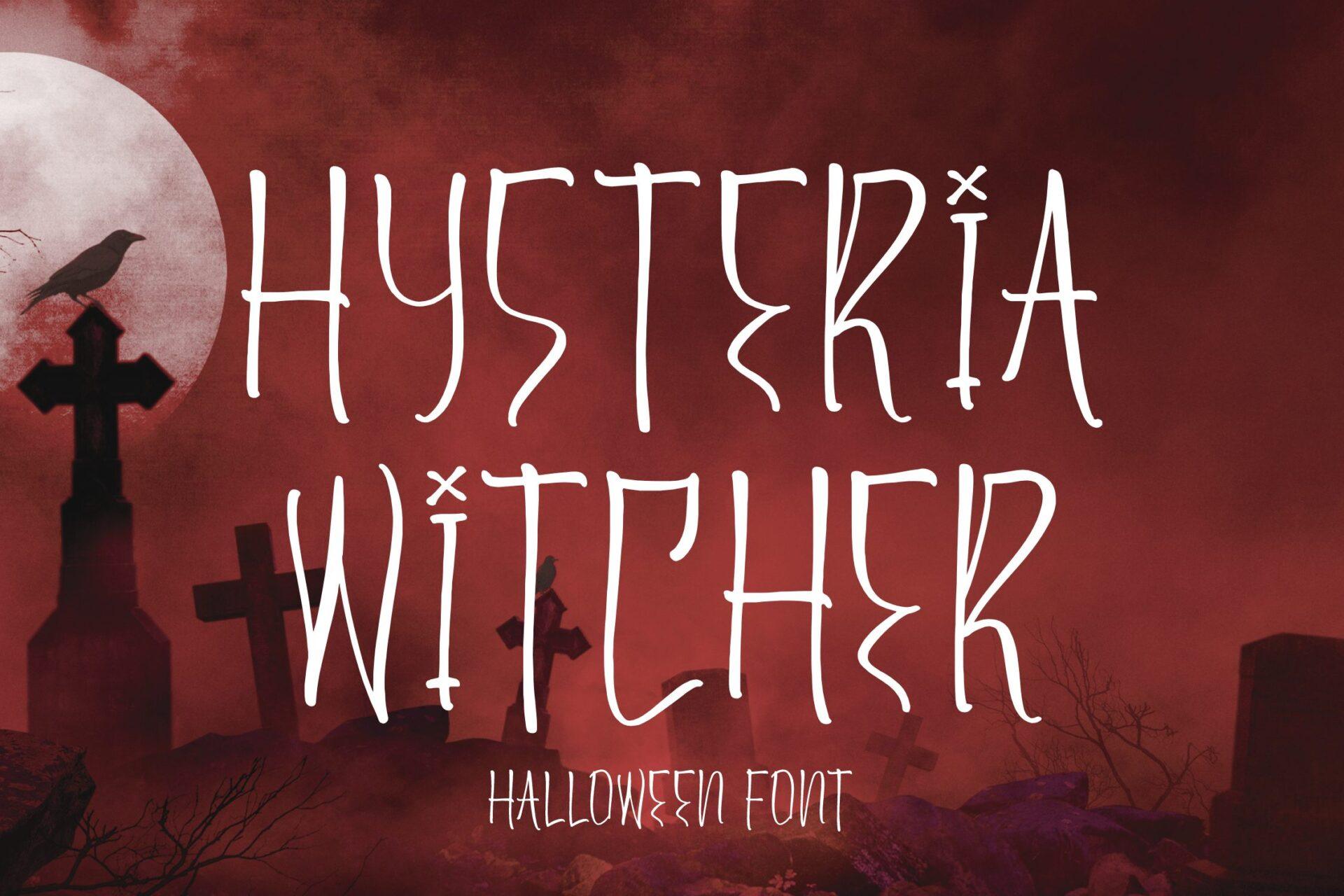 Hysteria Witcher Font by Perspectype, tall thin hand-drawn capitals with small crosses on a dark red graveyard background