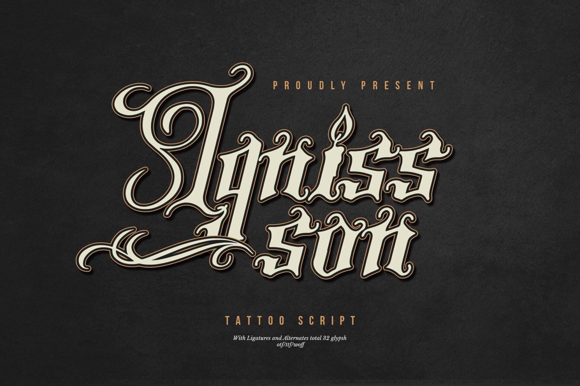 Igniss Son Font by Denustudios, cream script capitals with gothic lowercase on a dark stone preview