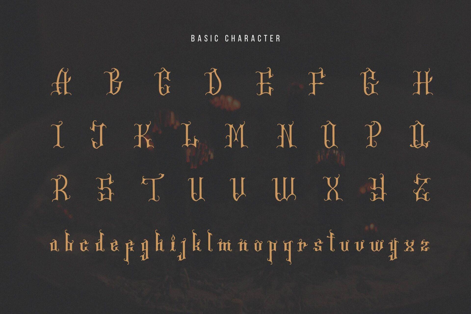 Igniss Son Font by Denustudios, full tattoo font alphabet with uppercase and lowercase letters