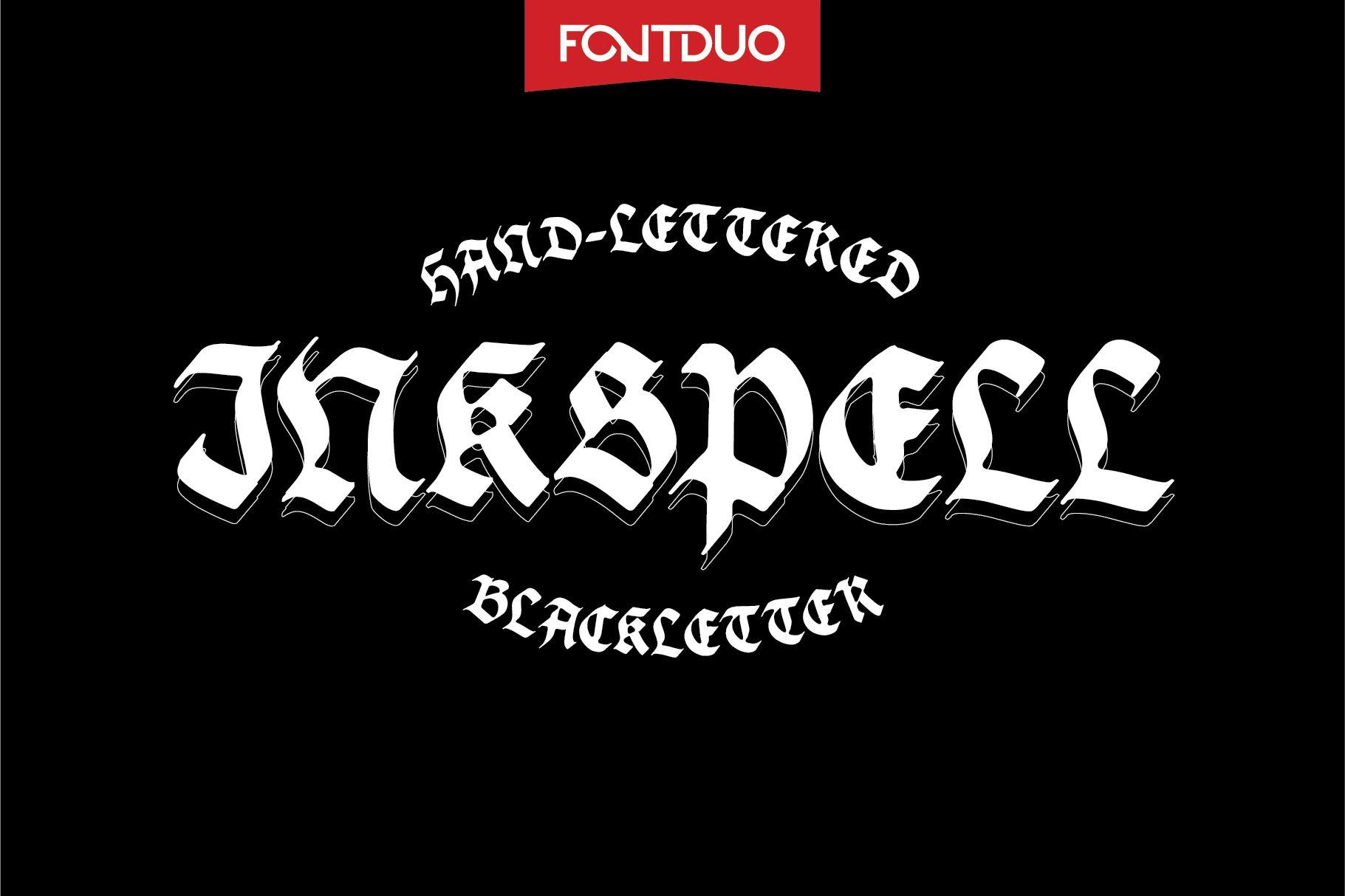 Inkspell Font by FontDuo, hand-lettered white blackletter word set in a gentle arch on black, tattoo font preview