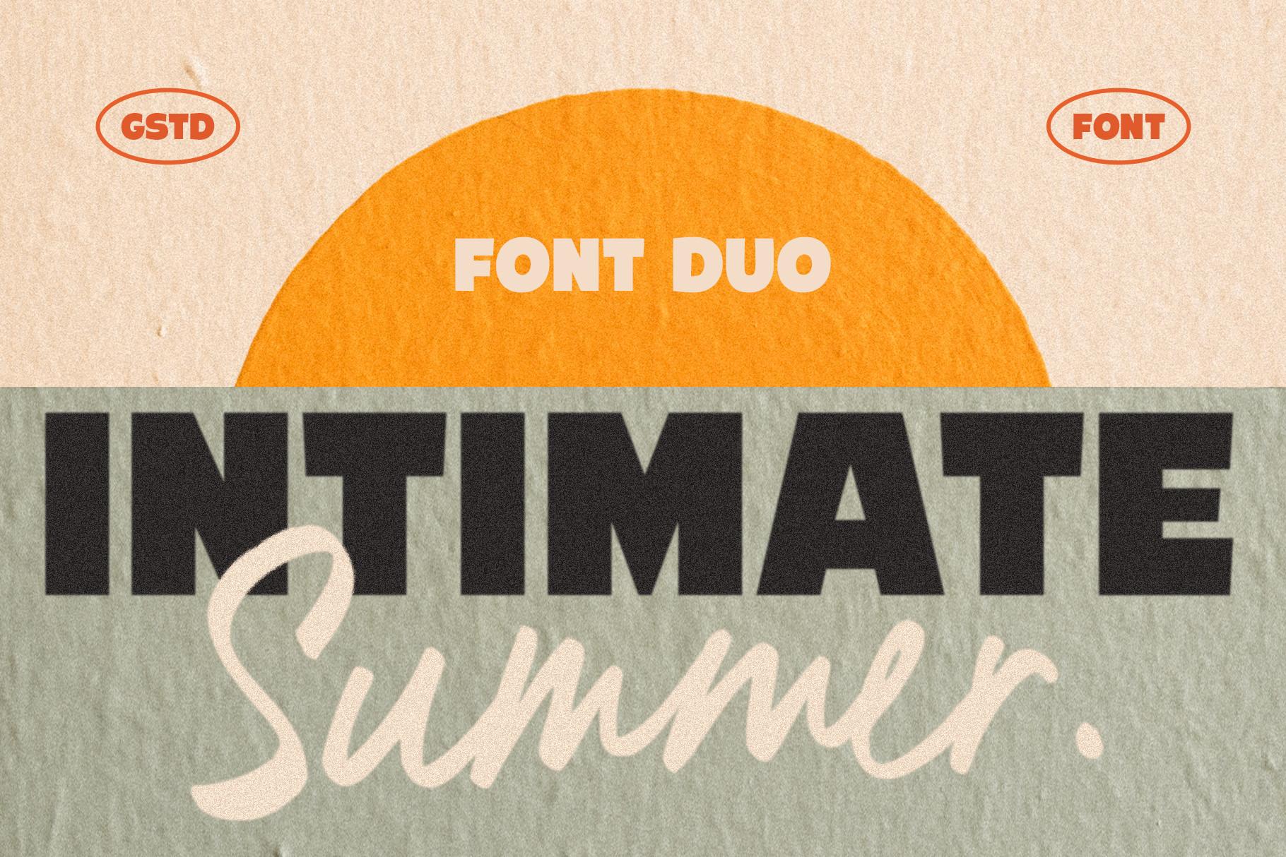Intimate Summer Font by getstudio, heavy textured capitals with a cream brush script font pairing preview