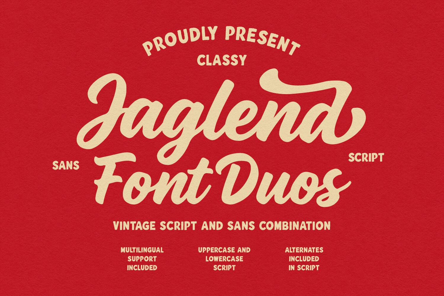 Jaglend Font Duo by Maulana Creative, bold retro script in cream on red font pairing preview