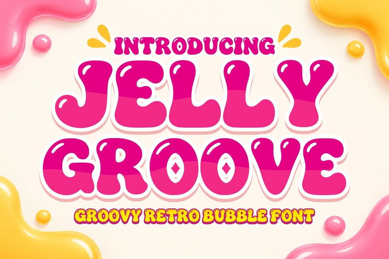 Jelly Groove Font by Soho Studio, hot pink two-tone glossy capitals with a white outline