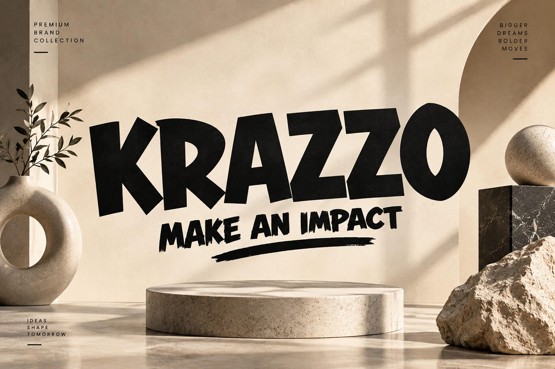 Krazzo Font by Colourful, heavy black capitals on a beige background