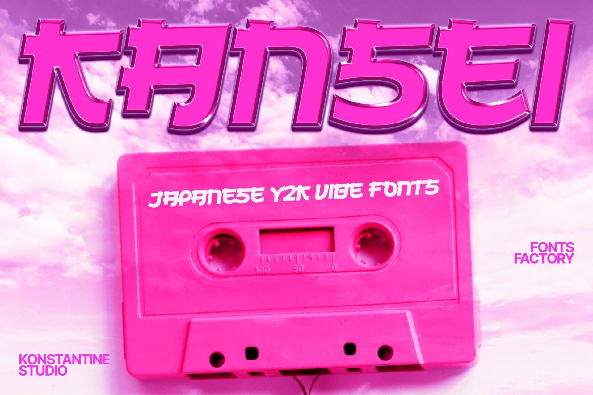 Kansei Font by konstantinestudio, pink angular Japanese-inspired letters over a pink cassette