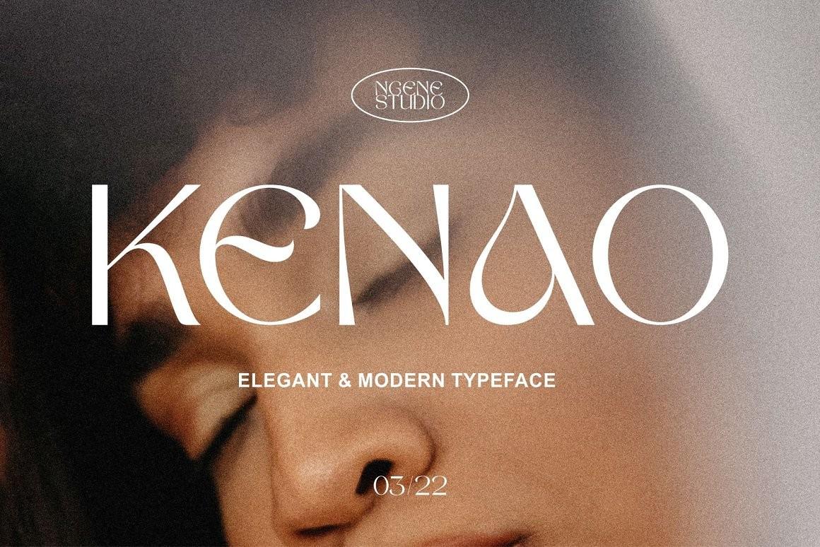 Kenao Font by Ngene, thin wide capitals over a close-up beauty portrait