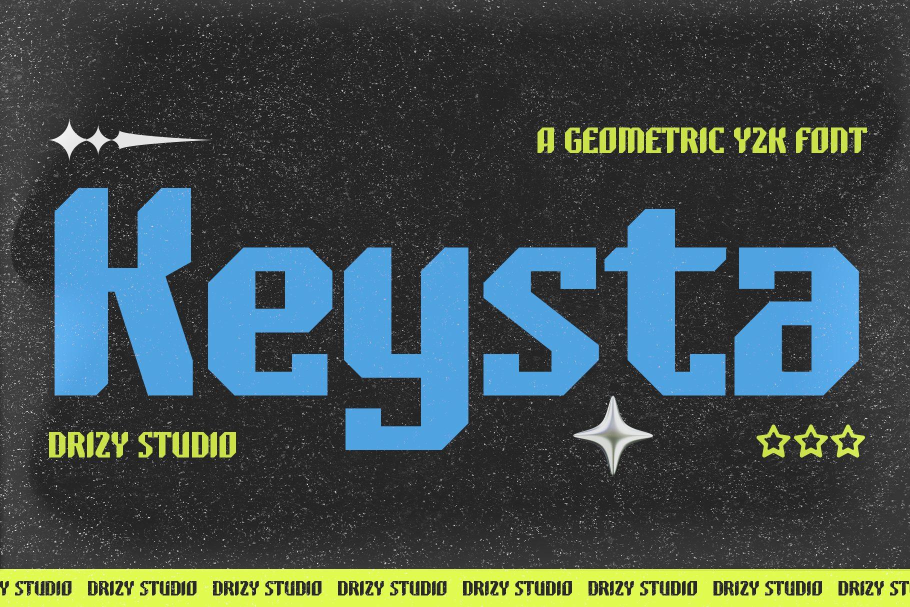 Keysta Font by Drizy Studio, geometric Y2K font in blue on dark