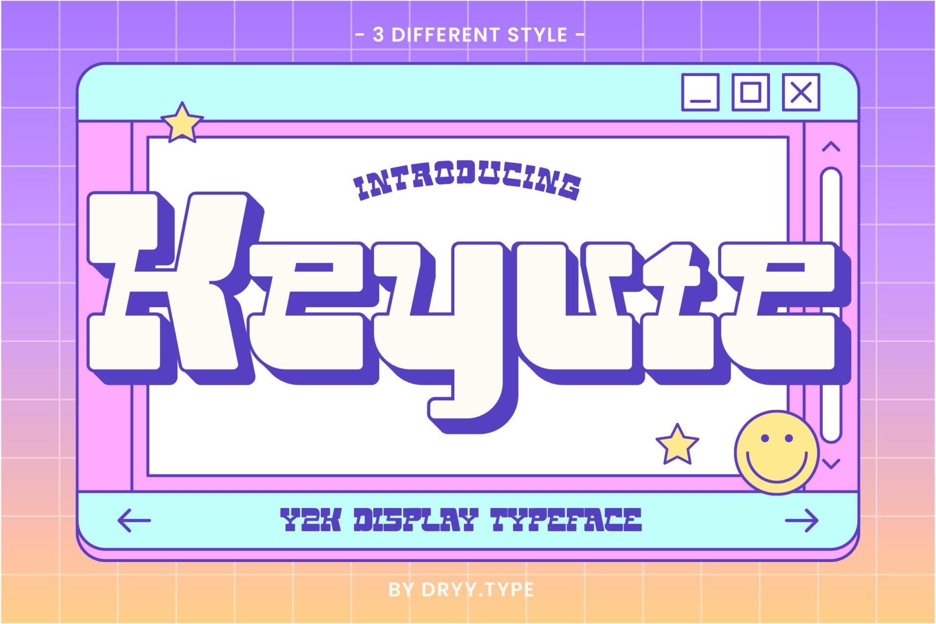 Keyute Font by Dryy.type, white Y2K display letters with purple 3D shadow in a retro computer window