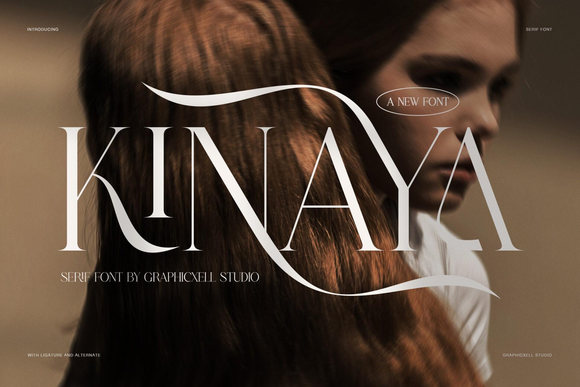Kinaya Font by Graphicxell, tall narrow serif capitals over a fashion portrait