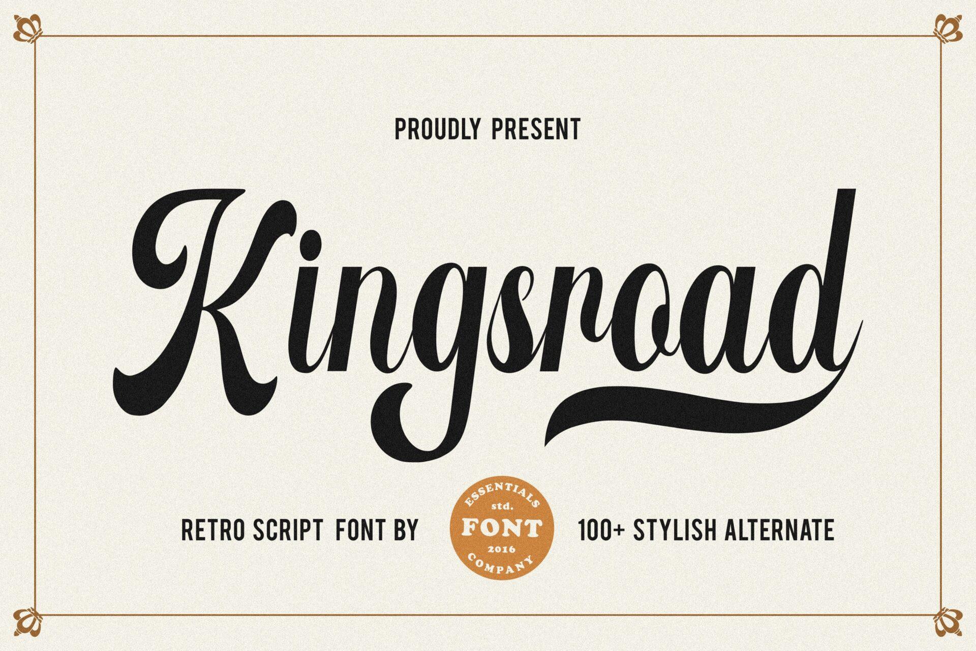 Kingsroad Font by Essentials Studio, condensed retro script with a long tail swash, 100+ alternates