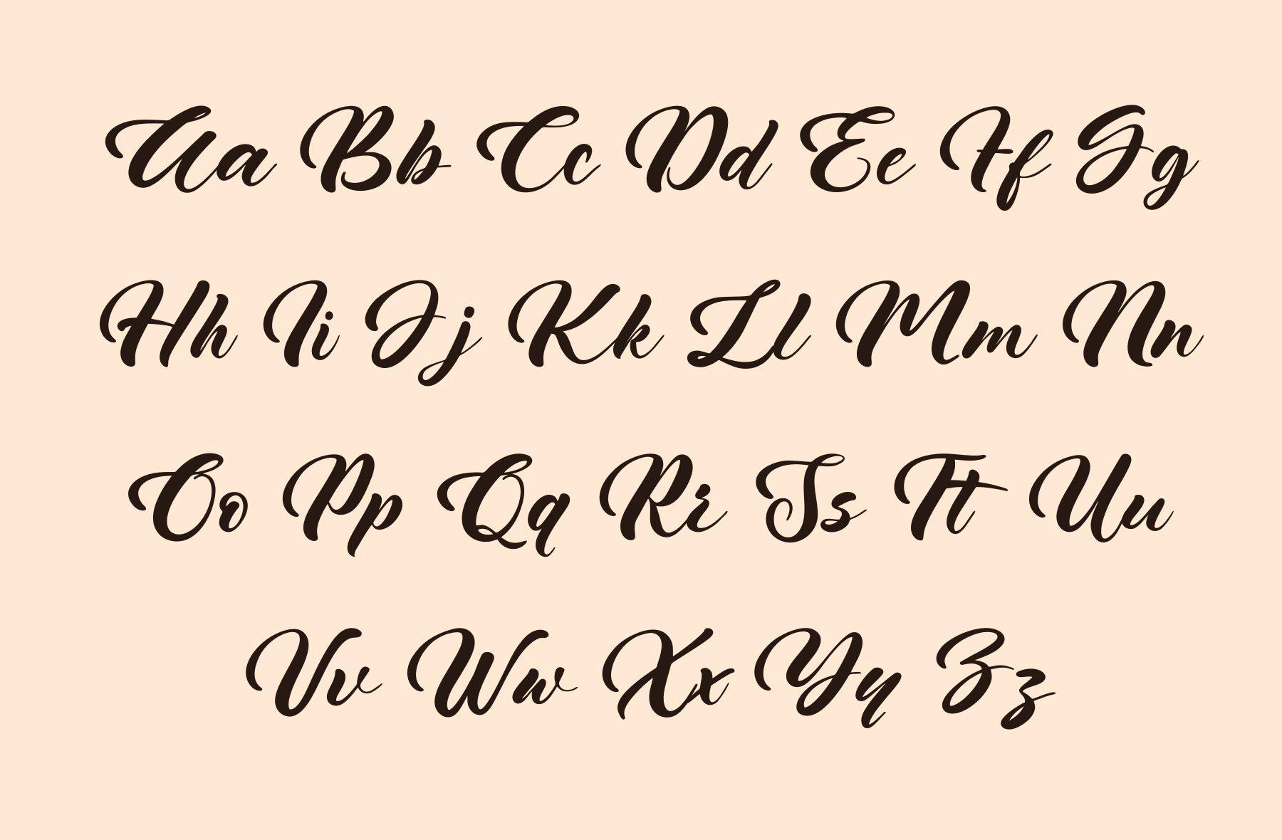 Ladiya Font by maikofarazhatta alphabet, bold brush calligraphy in uppercase and lowercase pairs