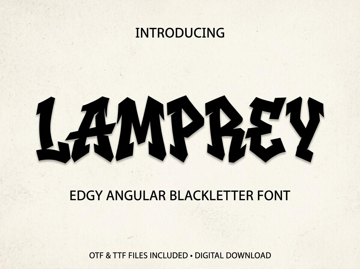 Lamprey Font by grifvixcolor, heavy angular blackletter capitals on a cream background, tattoo font preview