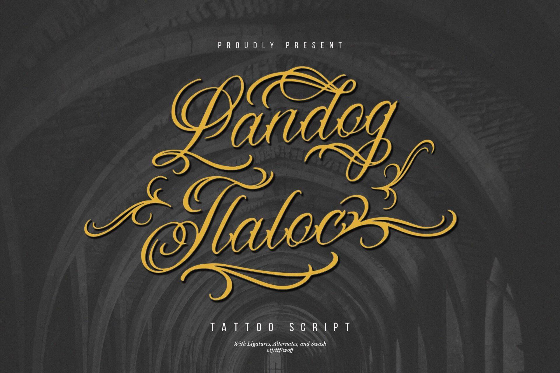 Landog Tlaloc Font by Denustudios, gold looping tattoo script under a dark stone arch preview