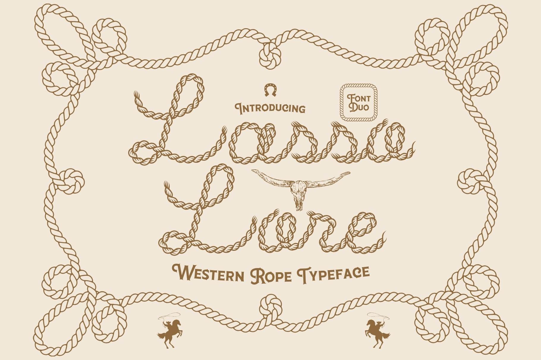 Lasso Lore Font by HipFonts, tan rope-twisted script inside a looped rope border preview