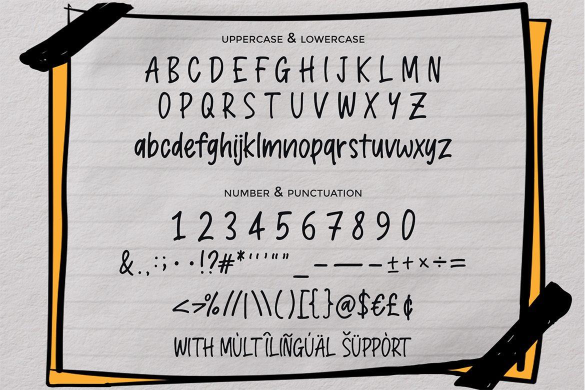 Lazy Diary Font by insentypestd alphabet, narrow marker handwriting with numbers and punctuation