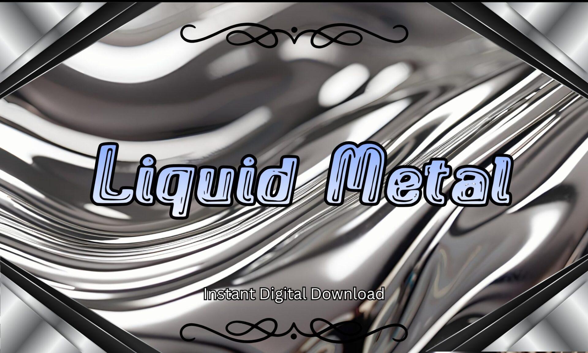 Liquid Metal Font by Pamlico Creations, blue outlined metallic letters on a chrome swirl background