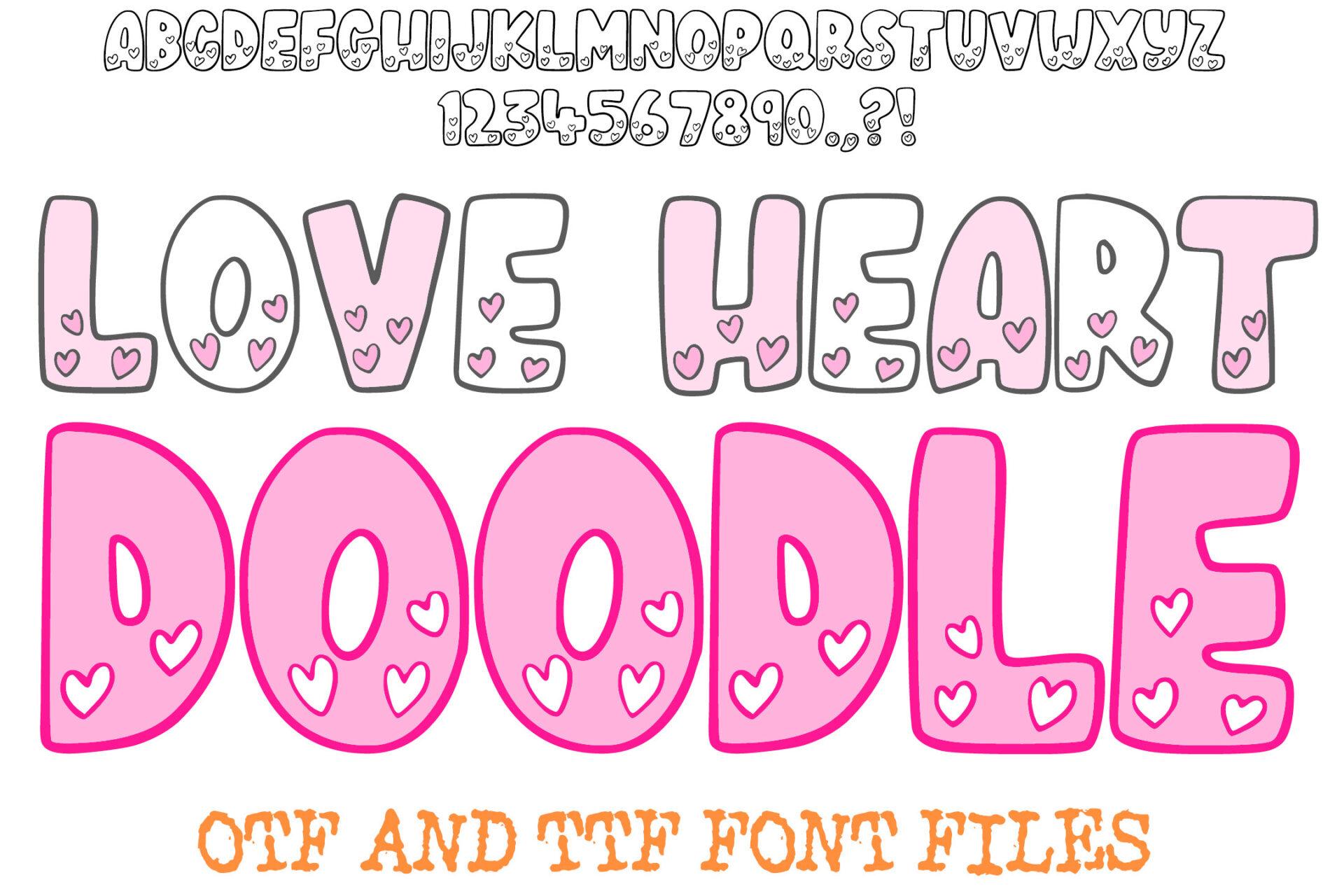 Love Heart Doodle Font by squeebcreative, pink doodle letters with hearts inside, alphabet and numbers
