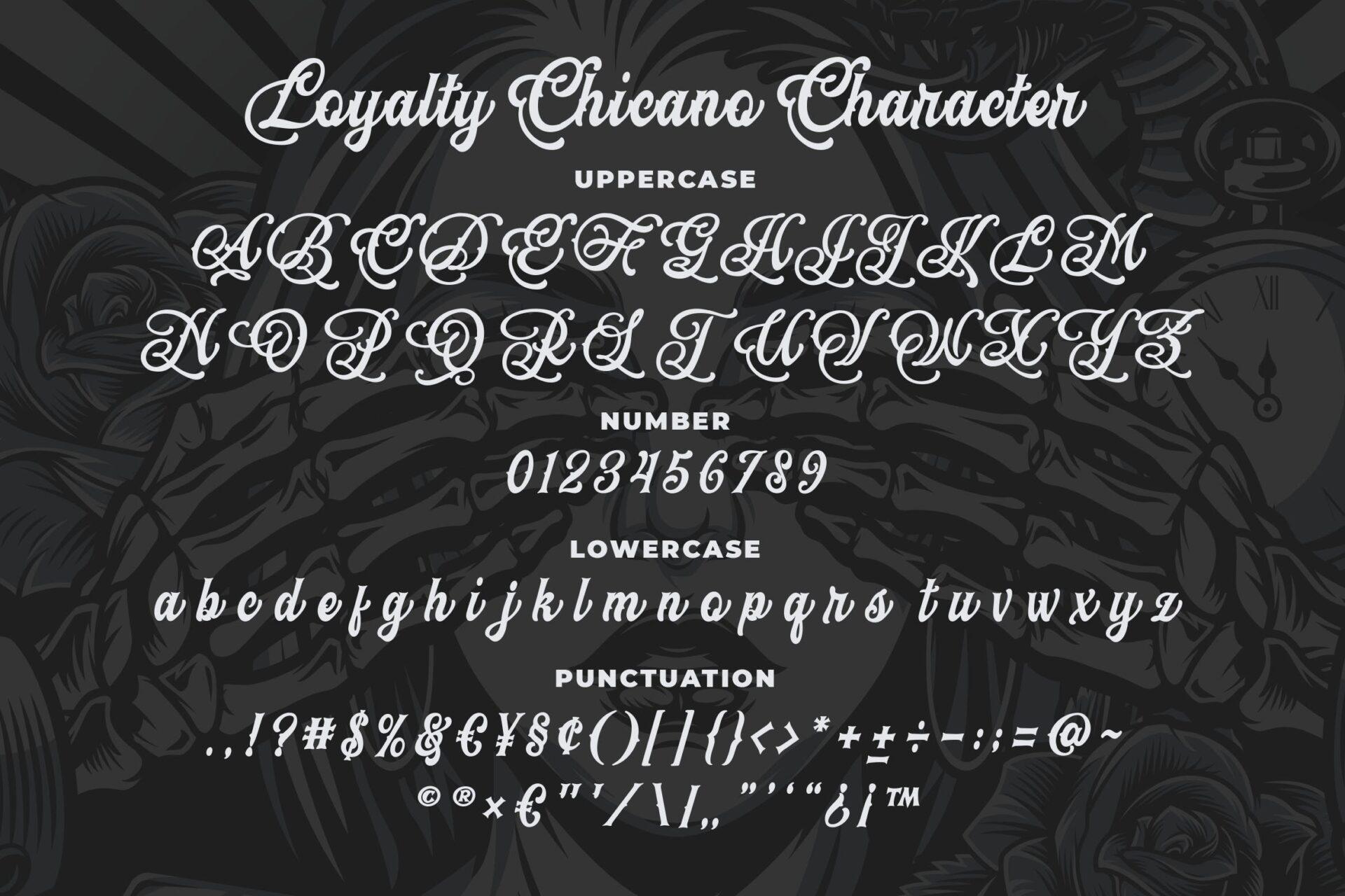 Loyalty Chicano Font by Blankids Studio, full tattoo font alphabet with uppercase and lowercase letters