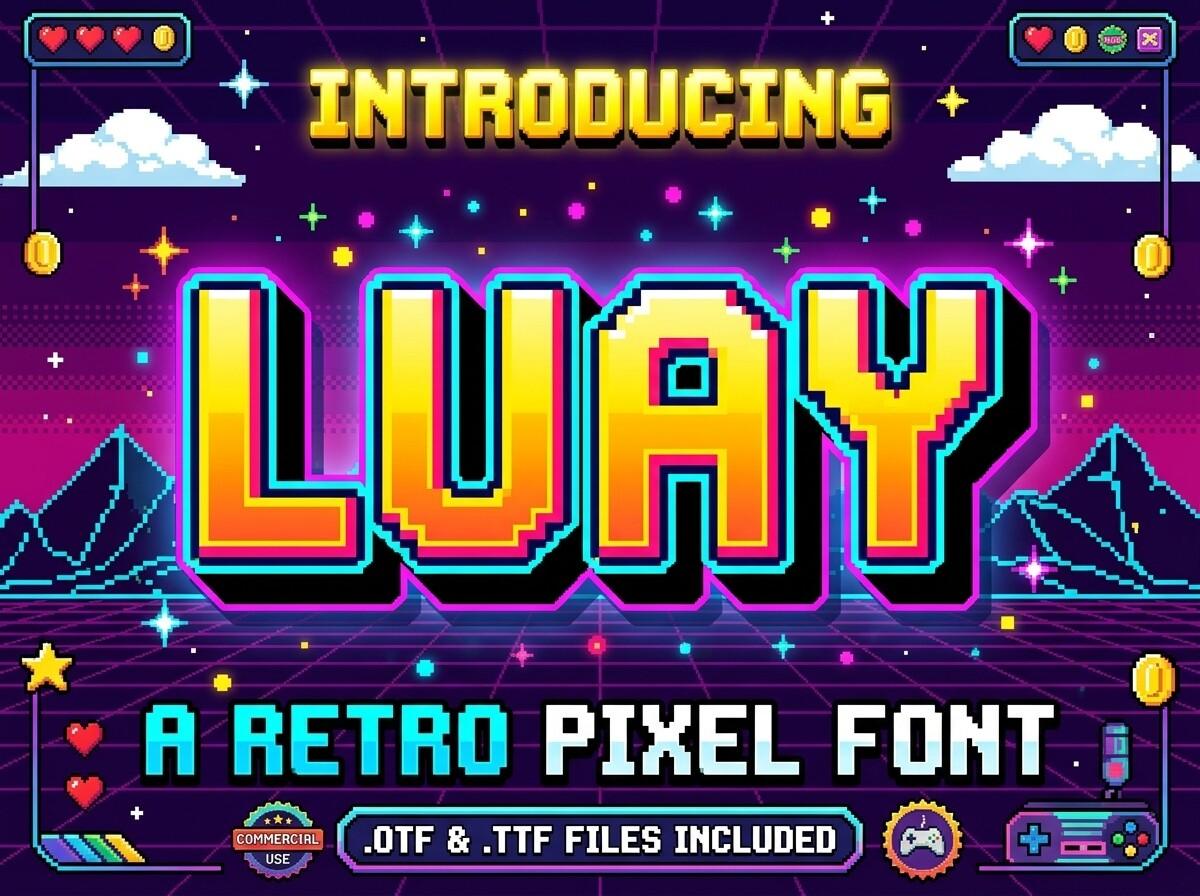 Luay Font by dimukhi, orange gradient pixel letters with 3D shadow in a retro game scene