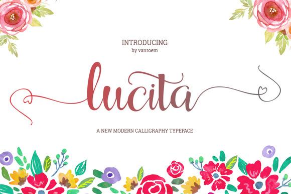 Lucita Font by VanRoem, rose lowercase calligraphy with heart loops and flowers