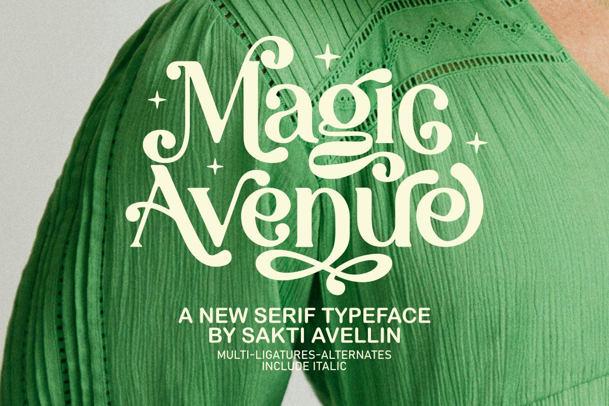 Magic Avenue Font by Sakti Avellin, groovy serif with curly A and V and sparkles