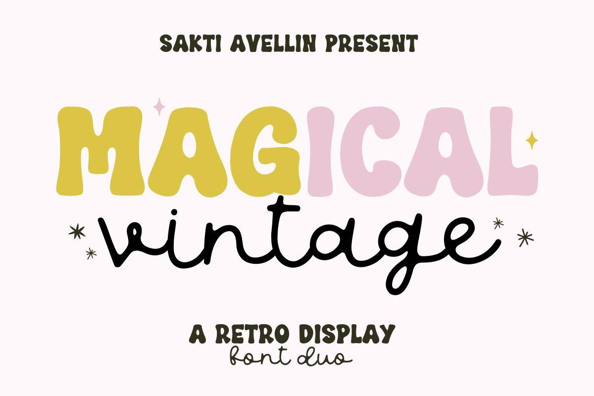 Magical Vintage Font by Sakti Avellin, coral and cream retro script with a brown shadow over warm sunburst stripes