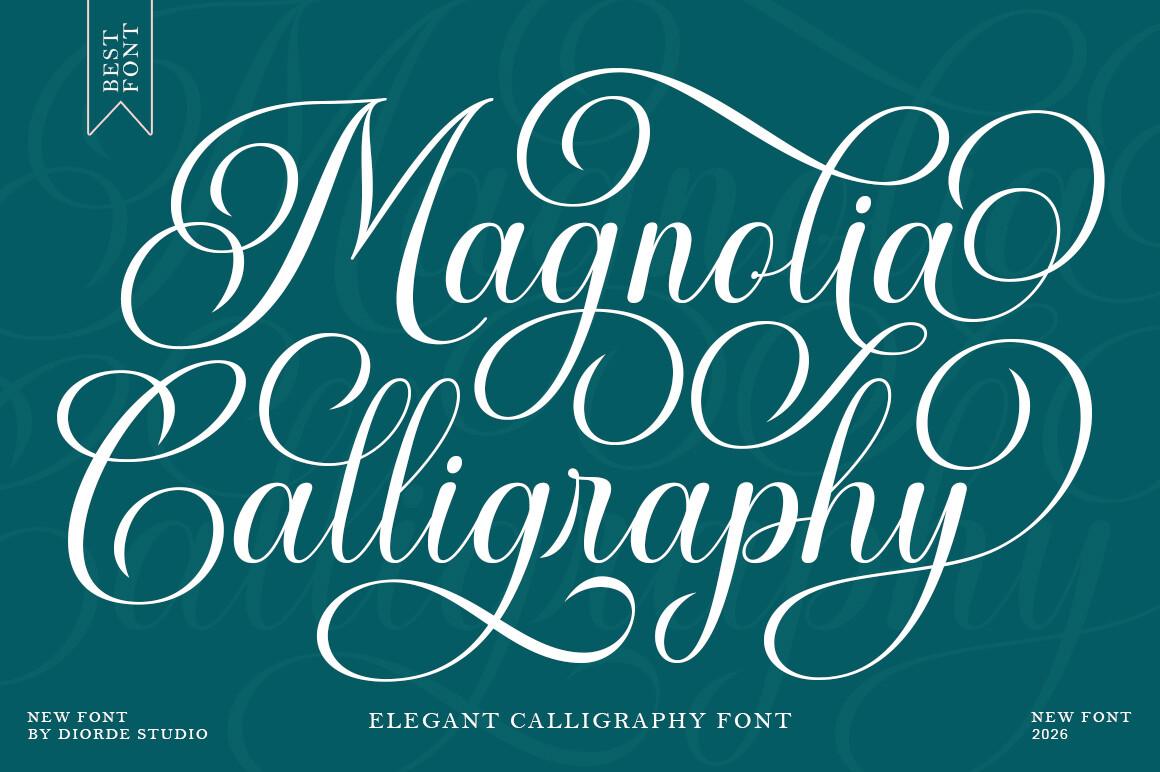 Magnolia Calligraphy Font by Diorde Studio, white calligraphy with oval loops on teal