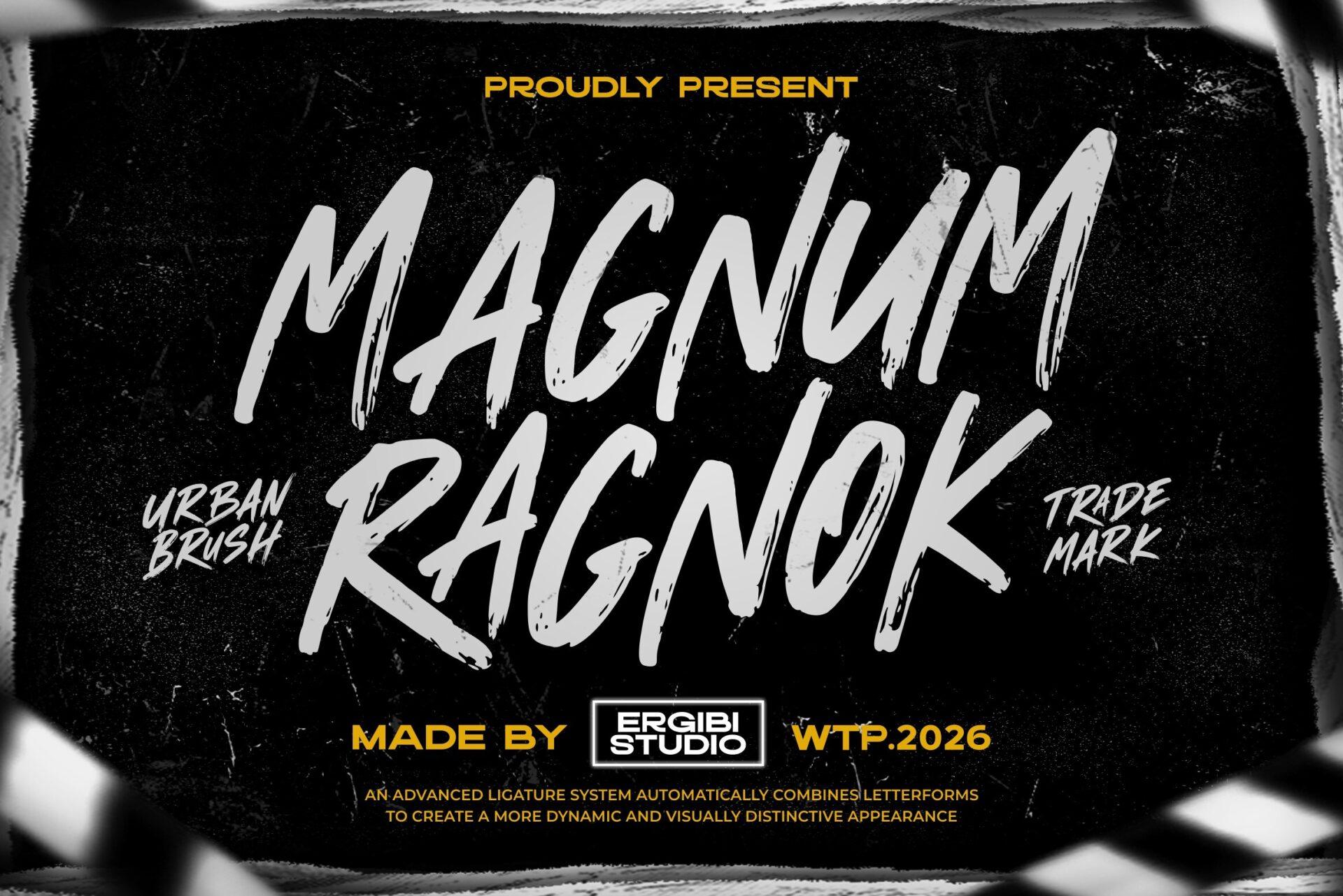 Magnum Ragnok Font by ergibi studio, tall slanted light gray brush graffiti capitals on black font preview