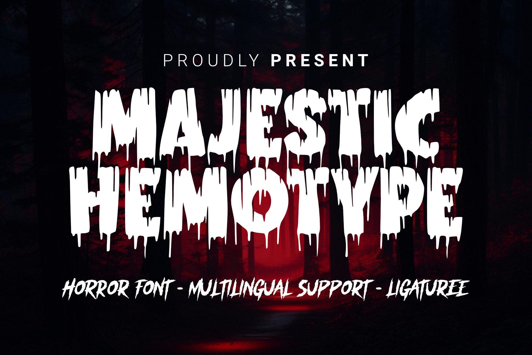 Majestic Hemotype Font by horrorfont, heavy white horror capitals with drips running through the letters