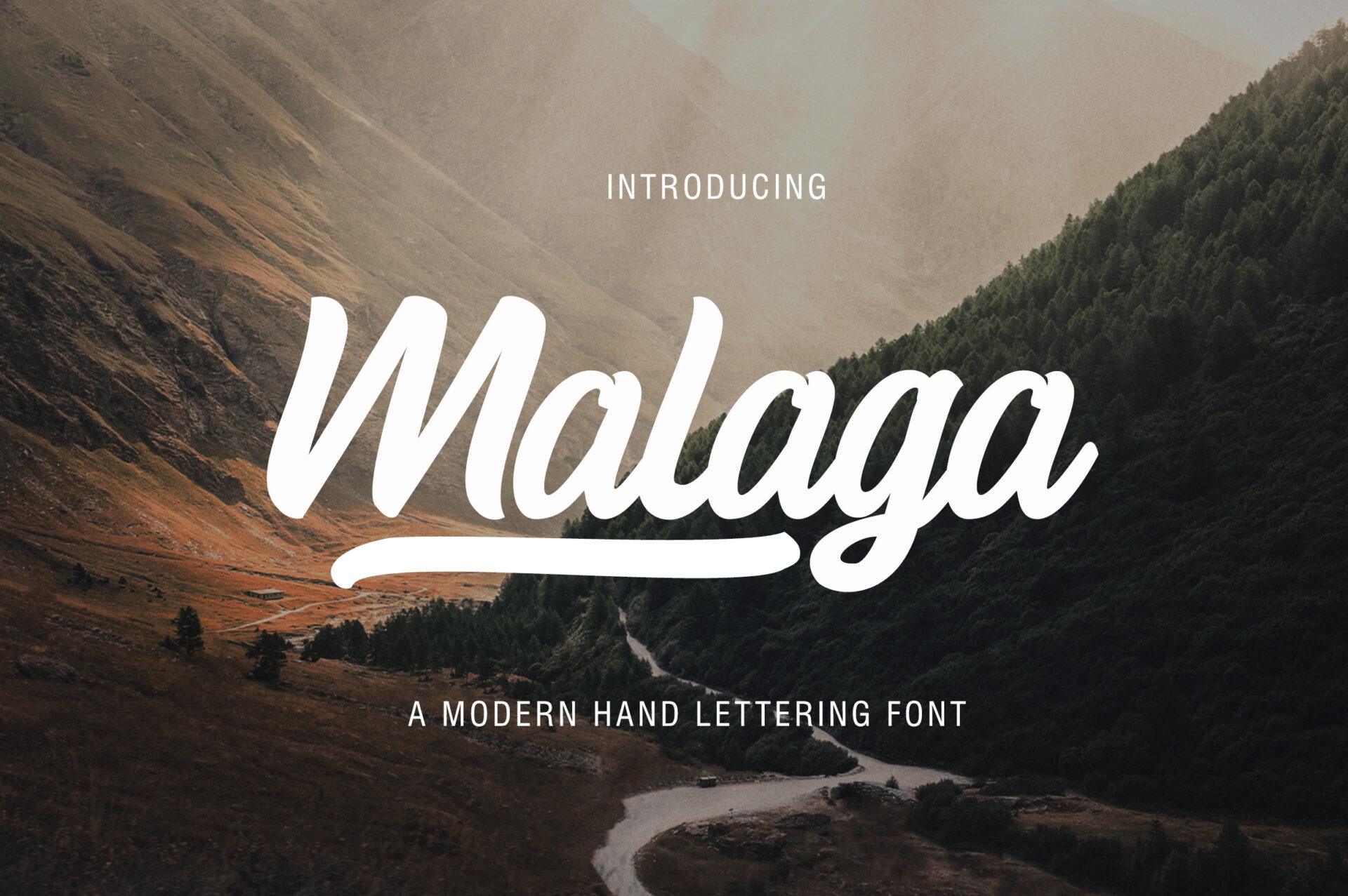 Malaga Font by MechaStudio, thick white slanted brush script over a dark landscape photo