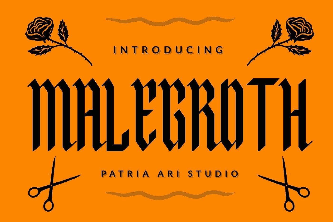 Malegroth Font by P4tcreativa, black condensed blackletter on an orange background with roses and scissors, tattoo font preview