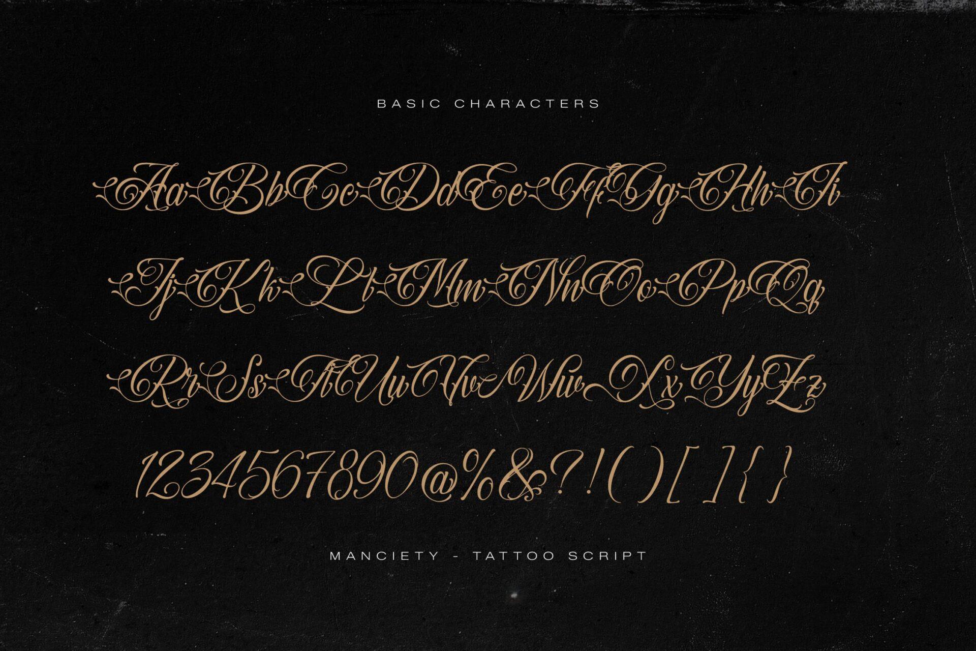 Manciety Font by Denustudios, full tattoo font alphabet with uppercase and lowercase letters