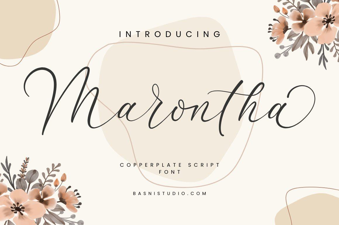 Marontha Font by bee.genin, thin copperplate script with modest loops on a cream background with flowers, tattoo font preview